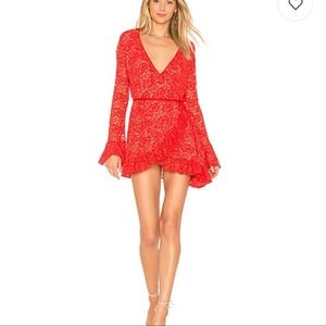 HOT AS HELL Women's Red Long Flutter Wrist Sleeve Lace Wrap Mini Dress sz S